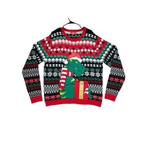 33 Degrees Ugly Christmas Sweater XXL Mens Red T-Rex Dinosaur Fair Isle Pocket